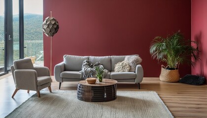 Canvas Print - Modern living room interior, minimalistic, elegant red walls, cozy furniture