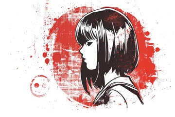 Poster - A woman with a bobble head against a blood splattered background. Suitable for horror themes