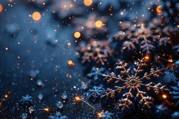 Poster - Macro shot of a delicate snowflake with intricate details highlighted by a glittering, bokeh effect background