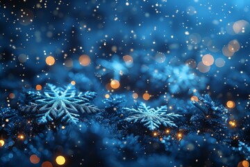 Poster - A mesmerizing field of snowflakes studded with luminous particles in an enchanting blue-toned setting