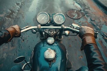 Aufkleber - A person riding a motorcycle on a wet road. Suitable for transportation concepts