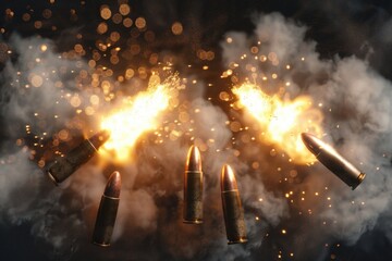 Poster - A dramatic scene of bullet shells exploding in the air. Perfect for action and military themed projects