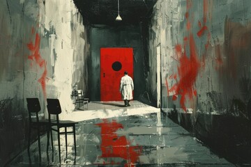 Aufkleber - A man standing in a hallway with a red door. Suitable for real estate or interior design concepts