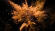 braune Farbexplosion vor dunklem Hintergrund, rauchender Knall, Explosion aus braunem Pulver