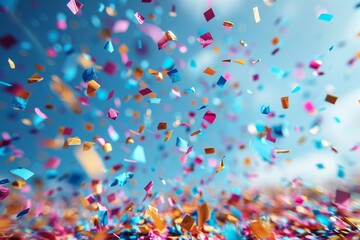 Poster - An explosion of colorful confetti fills the air against a vibrant blue sky, symbolizing celebration and festivity in a captivating display