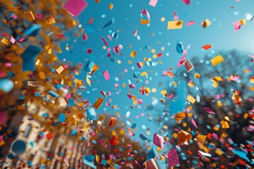 Poster - The image captures a festive explosion of colorful paper confetti against a cheerful blue sky, evoking feelings of celebration and joy in a dynamic composition