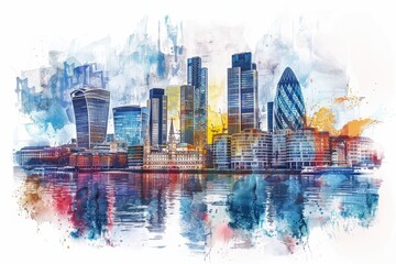 Poster - Beautiful watercolor painting of a city skyline, perfect for various design projects