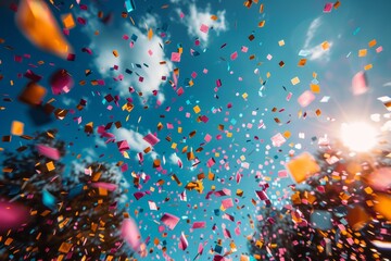 Wall Mural - vivid image of multicolored confetti falling against a clear blue sky with sunny flares, symbolizing