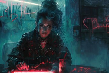 Poster - A woman sitting in front of a laptop computer. Suitable for business and technology concepts