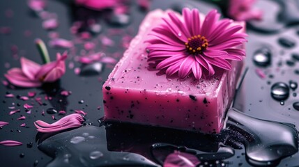 Poster - A piece of pink soap with a decorative flower on top. Suitable for beauty and hygiene concepts