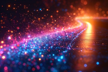 Poster - This image displays a captivating array of sparkling particles in hues of blue and pink, resembling a glittering pathway at night evoking a sense of wonder