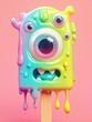 Melted Monster Popsicle A partially melted popsicle in a pastel color, with a monstrous eye peeking from the puddle, and a misshapen, toothy grin on the remaining stick , 3D render