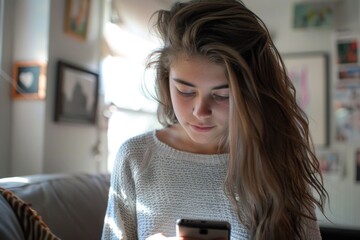 Poster - A woman looking at her cell phone. Suitable for technology concepts