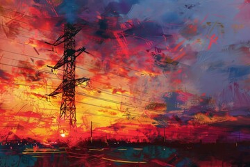 Poster - A digital painting of a power line at sunset. Suitable for energy or technology concepts