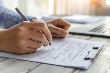 Poster - Person writing on paper with pen, suitable for office or education concept