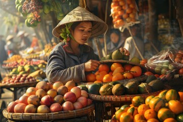 Poster - A woman in a hat selling fruit, suitable for market concepts