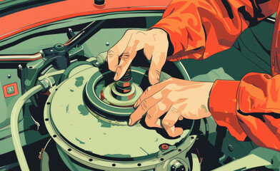 Poster - A man in an orange jacket operating a machine. Suitable for industrial concepts