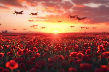 Poster - A picturesque field of red flowers with airplanes flying in the sky. Ideal for travel or nature-themed projects
