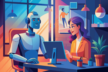 A robot and woman collaborate at a desk in a modern office