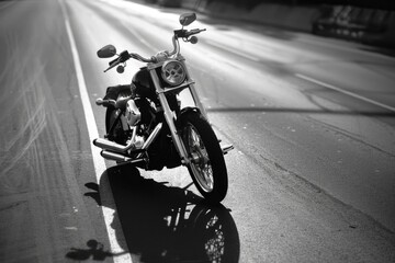 Poster - Black and white photo of a motorcycle parked on the side of the road. Suitable for various design projects