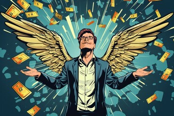 Aufkleber - A man with wings surrounded by money flying around him. Suitable for financial concepts