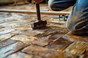 Poster - A person using a hammer to repair a wooden floor. Perfect for construction and DIY projects