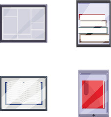 Poster - Digital library icons set cartoon vector. Smartphone with various book on screen. Internet technology