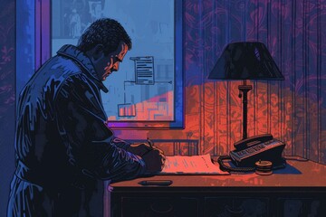Poster - A man sitting at a desk writing on a piece of paper. Suitable for business and education concepts
