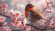 Delight clients with a birds-eye view close-up of a charming robin perched on a blossoming cherry blossom branch Highlight its fluffy feathers, beady eyes, and the delicate pink petals in a captivatin