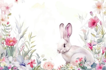 Aufkleber - A rabbit sitting in a colorful garden. Suitable for nature concepts