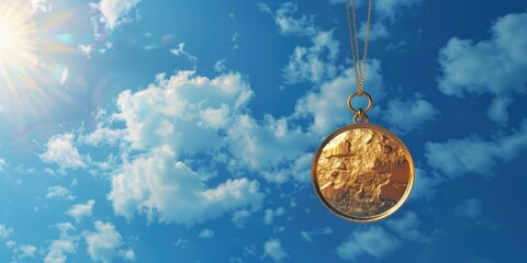 Aufkleber - A gold coin suspended from a chain in the sky. Suitable for financial concepts
