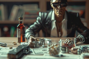 Poster - A statue of a man sitting at a table with a bottle of alcohol. Ideal for bar or restaurant themes