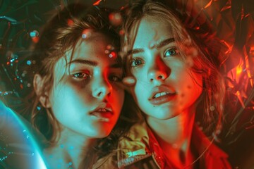 Poster - Two young women standing next to each other. Suitable for various lifestyle and friendship concepts