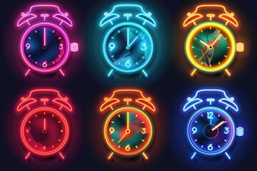 Aufkleber - Four neon alarm clocks on a dark background. Ideal for time management concepts