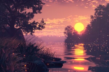 Poster - Serene sunset over a tranquil body of water, perfect for nature and landscape themes