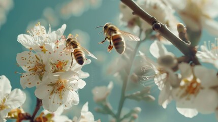 Poster - Bees gathering nectar on colorful flowers. Suitable for nature and gardening themes