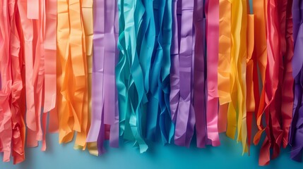 Poster - A colorful stream of paper is shown in a row. The colors are bright and vibrant, creating a cheerful and lively atmosphere. The stream of paper is long and narrow, with each piece varying in size