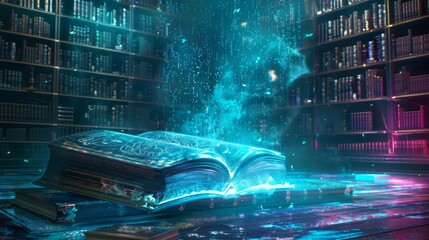 Aufkleber - A book is open on a table with a blue light shining on it. The book is surrounded by bookshelves, and the blue light is creating a magical atmosphere