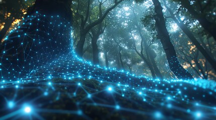Aufkleber - A tree with a blue light shining on it. The light is coming from the sky and the tree is surrounded by a network of lights