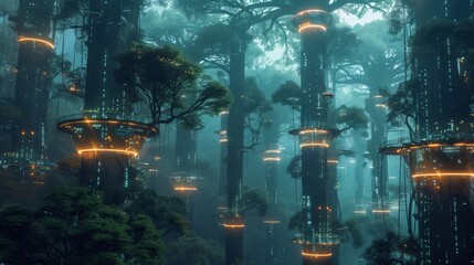 Aufkleber - A forest with many trees and glowing lights. Scene is mysterious and otherworldly