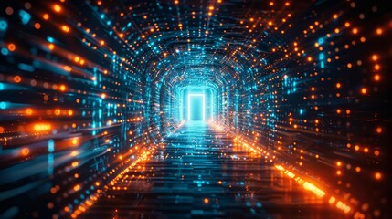 Poster - A tunnel with a glowing door in the middle. The tunnel is lit up with bright lights and the door is glowing green. The tunnel seems to be a futuristic or sci-fi setting