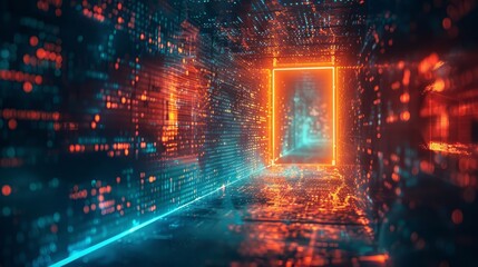 Poster - A neon colored room with a glowing doorway. The room is filled with bright colors and the doorway is the only thing that stands out. The room has a futuristic feel to it