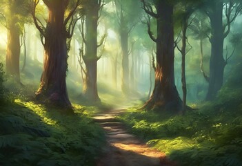 Sticker - AI generated illustration of sunlight filtering through trees on a forest path