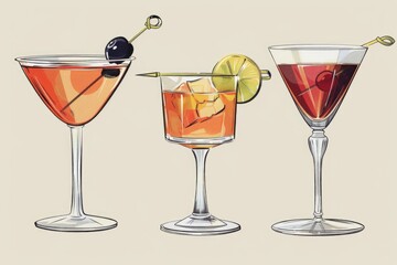 Poster - Image featuring three different types of cocktails in glasses. Perfect for beverage menus or party invitations