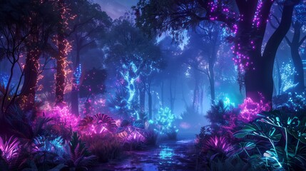 Aufkleber - A forest with glowing trees and plants. Scene is dreamy and surreal. The idea behind the image is to create a fantastical, otherworldly environment that is both beautiful and mysterious