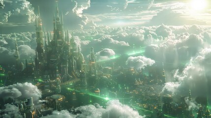 Poster - A cityscape with a castle in the background and a green sky. The sky is filled with clouds and the city is lit up with neon lights. Scene is futuristic and mysterious