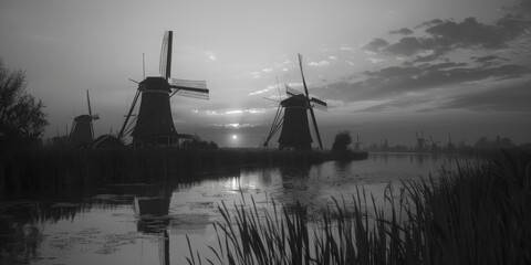 Poster - A picturesque scene of windmills next to a serene body of water. Ideal for travel brochures or environmental conservation campaigns