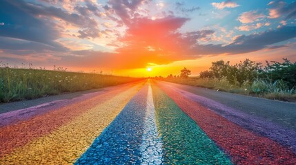 Poster - A rainbow is painted on a road, with the sun setting in the background. The colors of the rainbow are vibrant and bright, creating a sense of joy and happiness. The scene is peaceful and serene