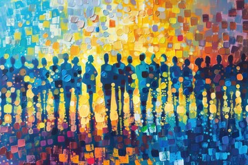 Poster - A painting of a group of people standing in a row. Suitable for business and teamwork concepts