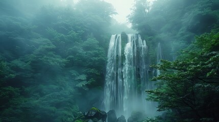 Poster - A waterfall is surrounded by trees and the sky is cloudy